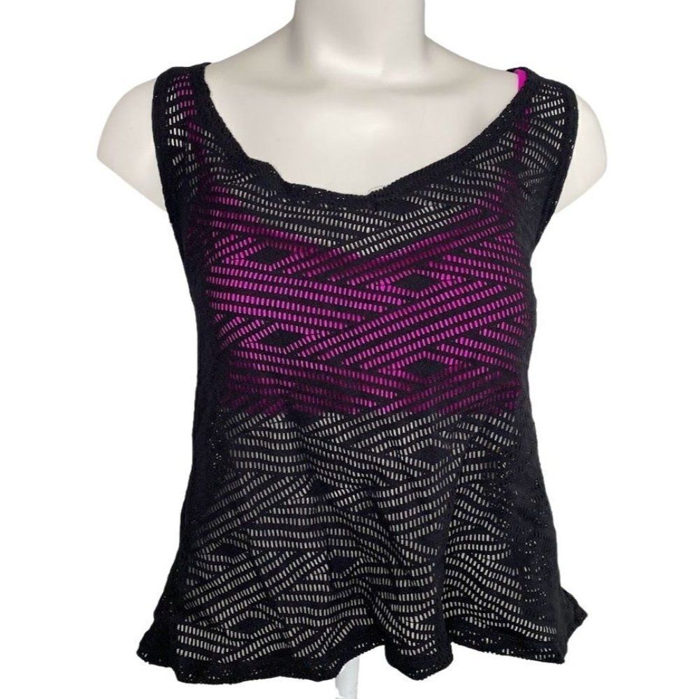 GO by Gossip Racerback Tankini Swim Sports Top Womens MEDIUM Black Pink 2-PC NEW
